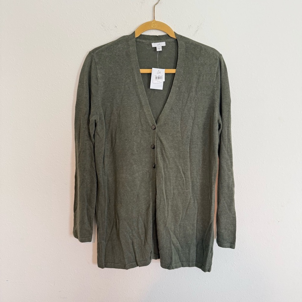 NWT J Jill V Neck 3 Button Front Longline Cardigan Moss Green M Lagenlook Linen